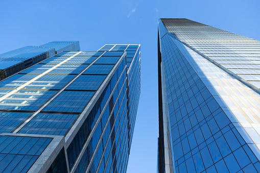 Manhattan high rise buildings, low angle view