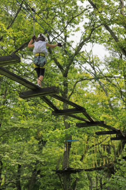Japanese student girl playing at outdoor obstacle course on tree (7 years old)