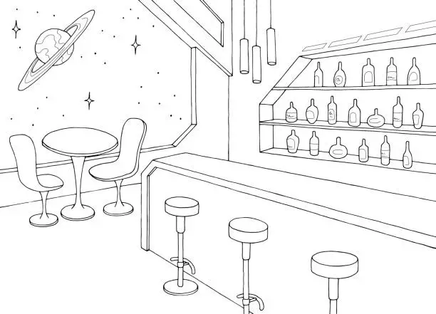 Vector illustration of Space bar interior graphic black white sketch illustration vector