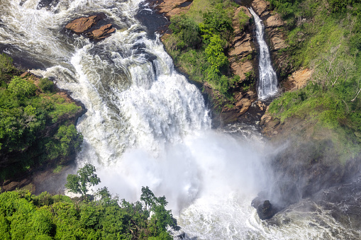 Aerial view of Murchison Falls, a waterfall between Lake Kyoga and Lake Albert on the Victoria Nile in Uganda.  Also known as Kabalega or Kabarega Falls.