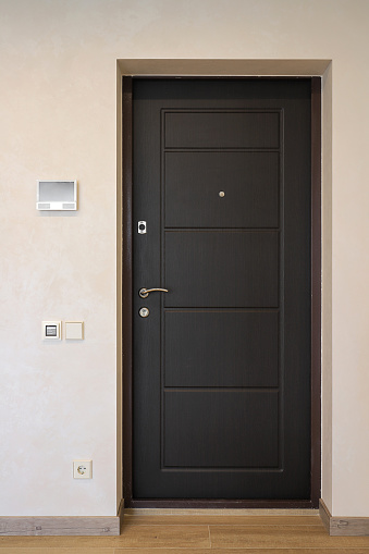 Wooden door with a metal door knocker.