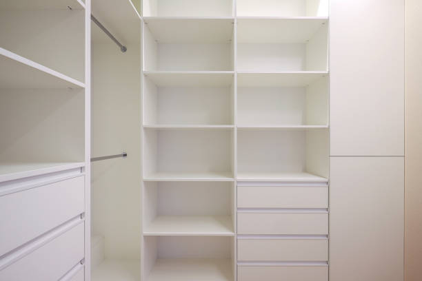 istock White wardrobe with shelves in the dressing room 1416305485