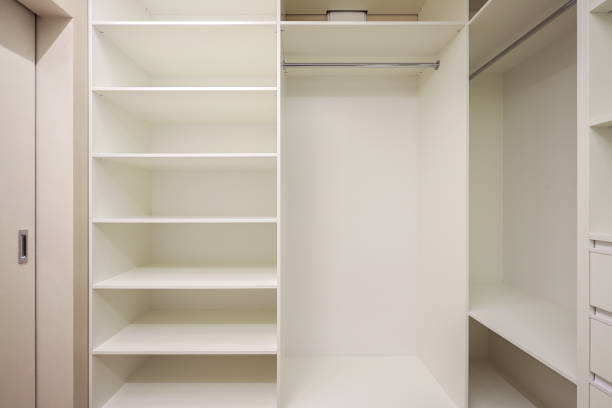 istock White wardrobe with shelves in the dressing room 1416305488