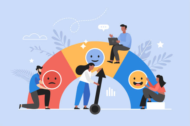 bildbanksillustrationer, clip art samt tecknat material och ikoner med customer feedback, user experience or client review rating business concept. modern vector illustration of people satisfaction measurement - tillfredsställelse