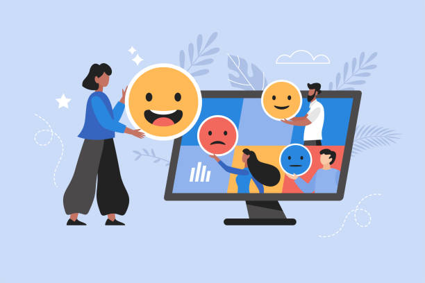 Online customer feedback, user experience or client review rating business concept. Modern vector illustration of people holding emoji and smiley icons with computer screen vector art illustration
