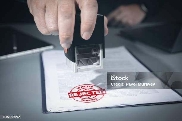Stamp Rejected Rejected Red Stamp Official Documcent Documents Not Reviewedreject Investment Projects Banned Denied Declined Negative Stamp Concept Stock Photo - Download Image Now
