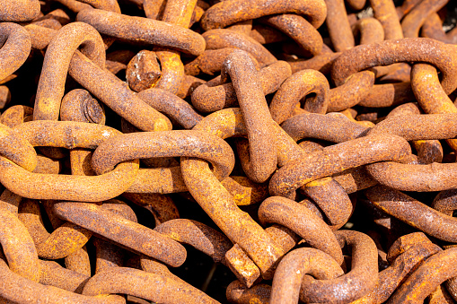 Close-up of rusty chains on a shipyard. With copy space. Shot with a 35-mm full-frame 61MP Sony A7R IV.