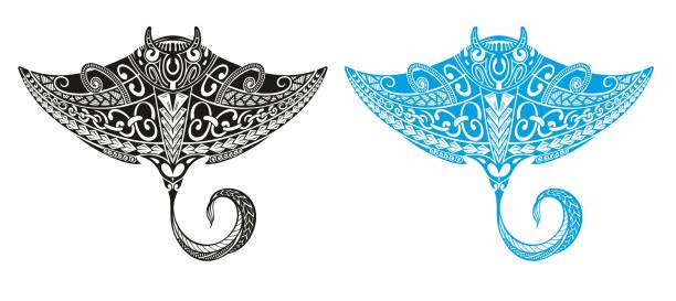 ilustrações de stock, clip art, desenhos animados e ícones de manta ray in maori style. tattoo sketch tribal ethno style. collection of tattoo for divers. - manta ray maori tattoo pattern