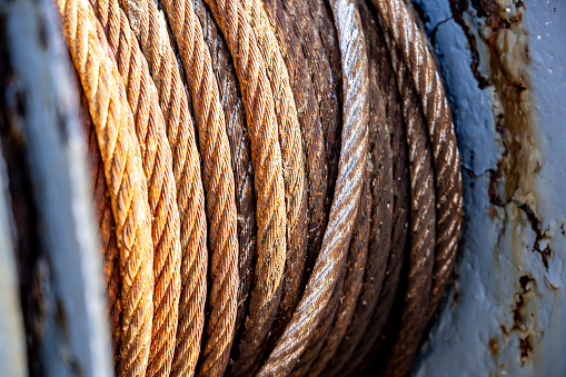 Close-up of winch of a fishing boat abandoned on the shipyard. Shot with a 35-mm full-frame 61MP Sony A7R IV.