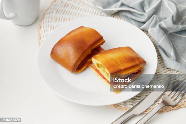 Lanche Misto Traditional Portuguese Sandwich With Cheese And Chorizo Tasty Breakfast Over White Background Stock Photo - Download Image Now
