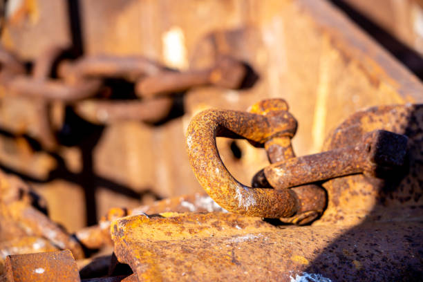Close-up of a rusty chain connected to a metal construction on a shipyard. With copy space. Shot with a 35-mm full-frame 61MP Sony A7R IV.