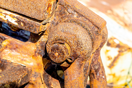 Close-up of rusted nut and bolt on a shipyard. With copy space. Shot with a 35-mm full-frame 61MP Sony A7R IV.