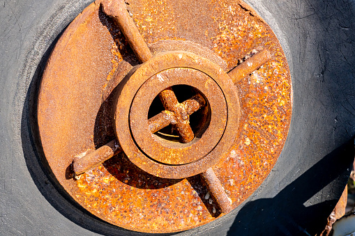 Close-up of a rusty part on a shipyard. With copy space. Shot with a 35-mm full-frame 61MP Sony A7R IV.
