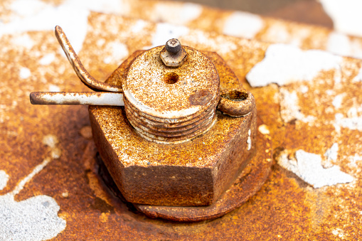 Close-up of rusted nut and bolt on a shipyard. With copy space. Shot with a 35-mm full-frame 61MP Sony A7R IV.