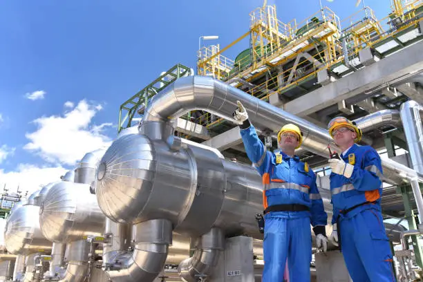 Photo of teamwork: group of industrial workers in a refinery - oil processing equipment and machinery