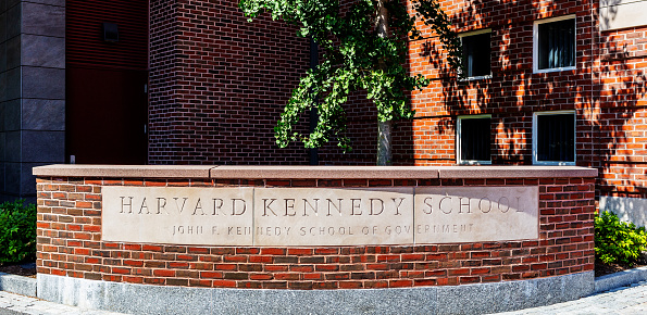 Cambridge, Massachusetts, USA - August 19, 2022: Harvard Kennedy School (HKS), officially the John F. Kennedy School of Government, is the school of public policy and government of Harvard University in Cambridge, Massachusetts. The school offers master's degrees in public policy, public administration, and international development, four doctoral degrees, and many executive education programs.