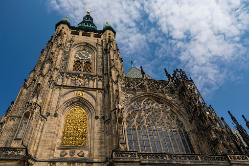 Exterior front view of St. Vitus Cathedral in Prague, Czech Republic