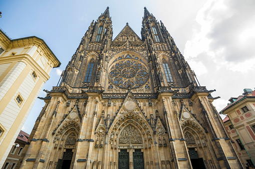 Exterior front view of St. Vitus Cathedral in Prague, Czech Republic