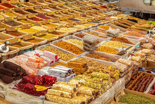 Sale of nuts, sweets and spices at the oriental bazaar