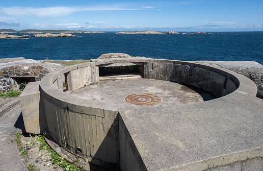 Sandefjord, Norway - May 25, 2022: The Vesteroya Fortress was a German coastal battery.An underground tunnel system, trenches, shelters and casemates were constructed here. Selective focus