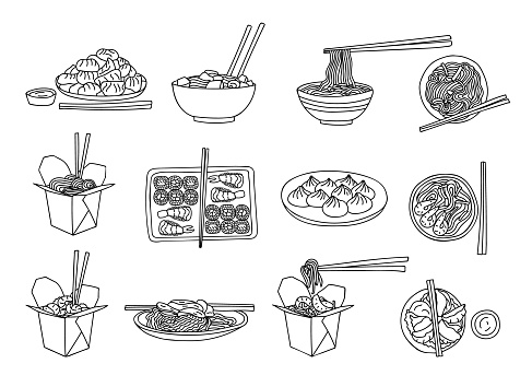 Hand drawn chinese cuisine doodle illustrations set. Chinese food doodle illustration set in vector. Japanese food in vector. Hand drawn japanese food icons set.