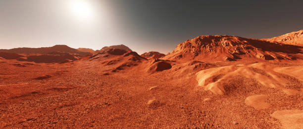 istock Mars planet landscape, 3d render of imaginary mars planet terrain 1416414309