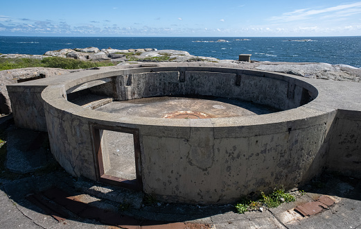 Sandefjord, Norway - May 25, 2022: The Vesteroya Fortress was a German coastal battery.An underground tunnel system, trenches, shelters and casemates were constructed here. Selective focus