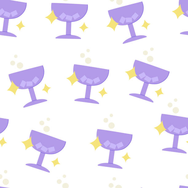 ilustrações de stock, clip art, desenhos animados e ícones de seamless pattern with purple martini glass - whisky liqueur glass alcohol bottle