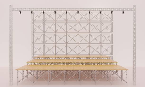 istock wood stage with spotlight on the truss system on the white background.3d redering. 1416415456
