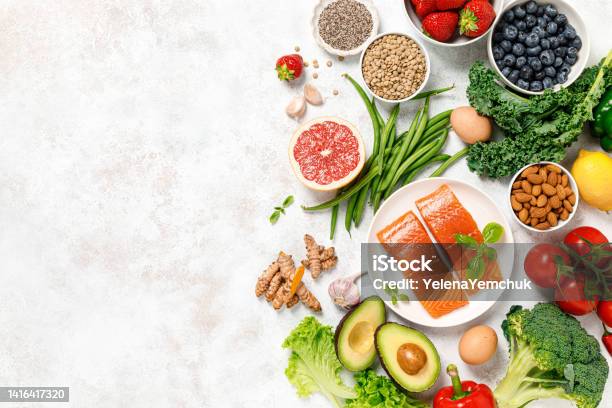 Healthy Food Healthy Eating Background Salmon Fruit Vegetable And Berry Superfood Stock Photo - Download Image Now