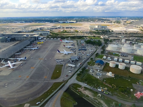 Panoramic view of Airport, showing car park and 