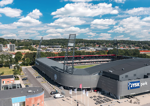 Aerial image of Etihad Stadium (also known as City stadium) in Manchester UK.