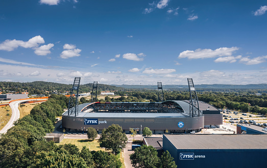 Silkeborg, Denmark - August 2022: Aerial drone panoramic view over JYSK Park, home stadium for football club Silkeborg IF