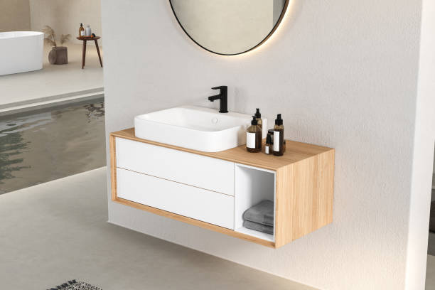 istock 3D render an wooden vanity counter with white ceramic washbasin 1416419554
