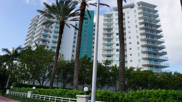 istock Modern apartment buildings with palm trees at Miami - view from road 1416425725