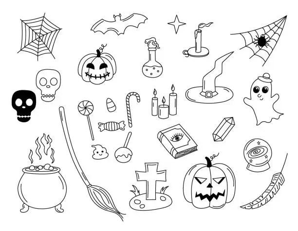 Vector illustration of Halloween vector doodles set. Hand drawn black and white scary elements isolated. Halloween scribble outline objects pumkin lantern, witch cauldron and hat, cute ghost, grave, candles. Illustration
