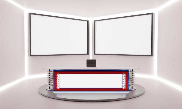 istock white table on stand with led screen background in the blue news studio room.3d rendering. 1416427521
