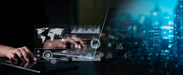 istock Data science, corporate analysis and strategy, and the idea of big data Financial graph analysis by a company team on a virtual touch panel, a futuristic technological solution for business growth 1416427721
