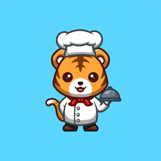 Vector illustration of Tiger Chef Cute Creative Kawaii Cartoon Mascot Logo