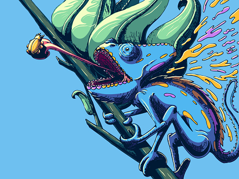 Funny cartoon stylized banner illustration - Chameleon and beetle on a branch.