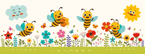 Cartoon Illustration Of Cute Bees Cartoon Illustration Of Cute Bees bee costume stock illustrations
