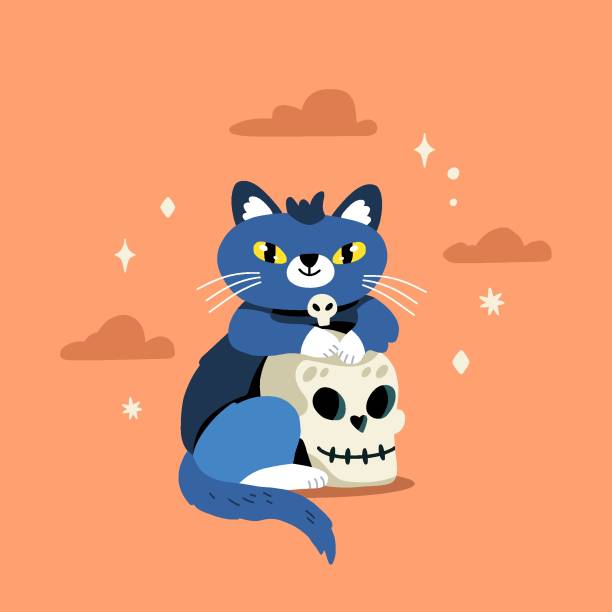 Cute halloween cat sits with a big skull vector art illustration