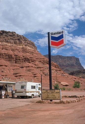 Grand Canyon, Utah/Arizona, USA, 1975. Gas station with caravan in the foothills of the Grand Canyon.