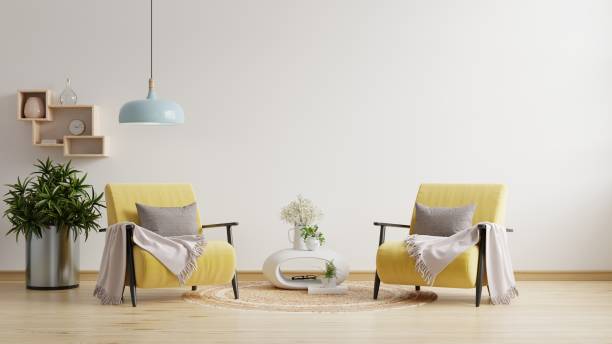 istock Living room with two yellow armchair on empty white wall background. 1416445531