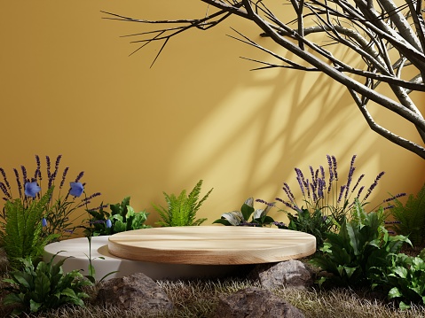 Wooden podium in tropical forest for product presentation and yellow background.3d rendering