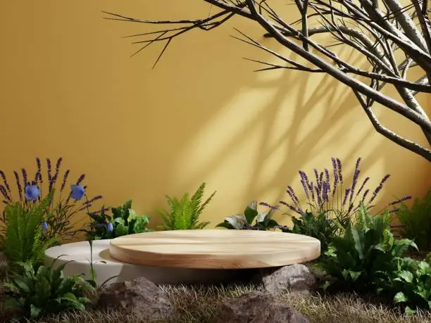 Photo of Wooden podium in tropical forest for product presentation and yellow background.