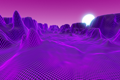 An abstract metaverse landscape with neon lighting and grids. (3d render)
