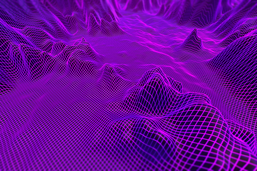 An abstract metaverse landscape with neon lighting and grids. (3d render)