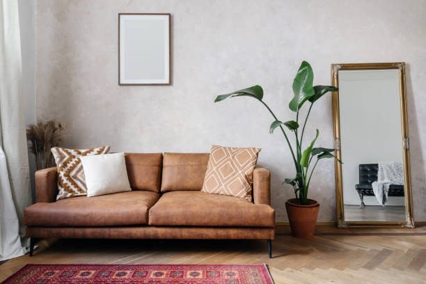 istock Living room interior with brown sofa and home decor 1416451585