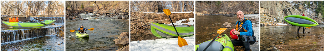 paddling inflatable whitewater kayak on rivers of northern Colorado - wide web banner featuring the same senior male paddler